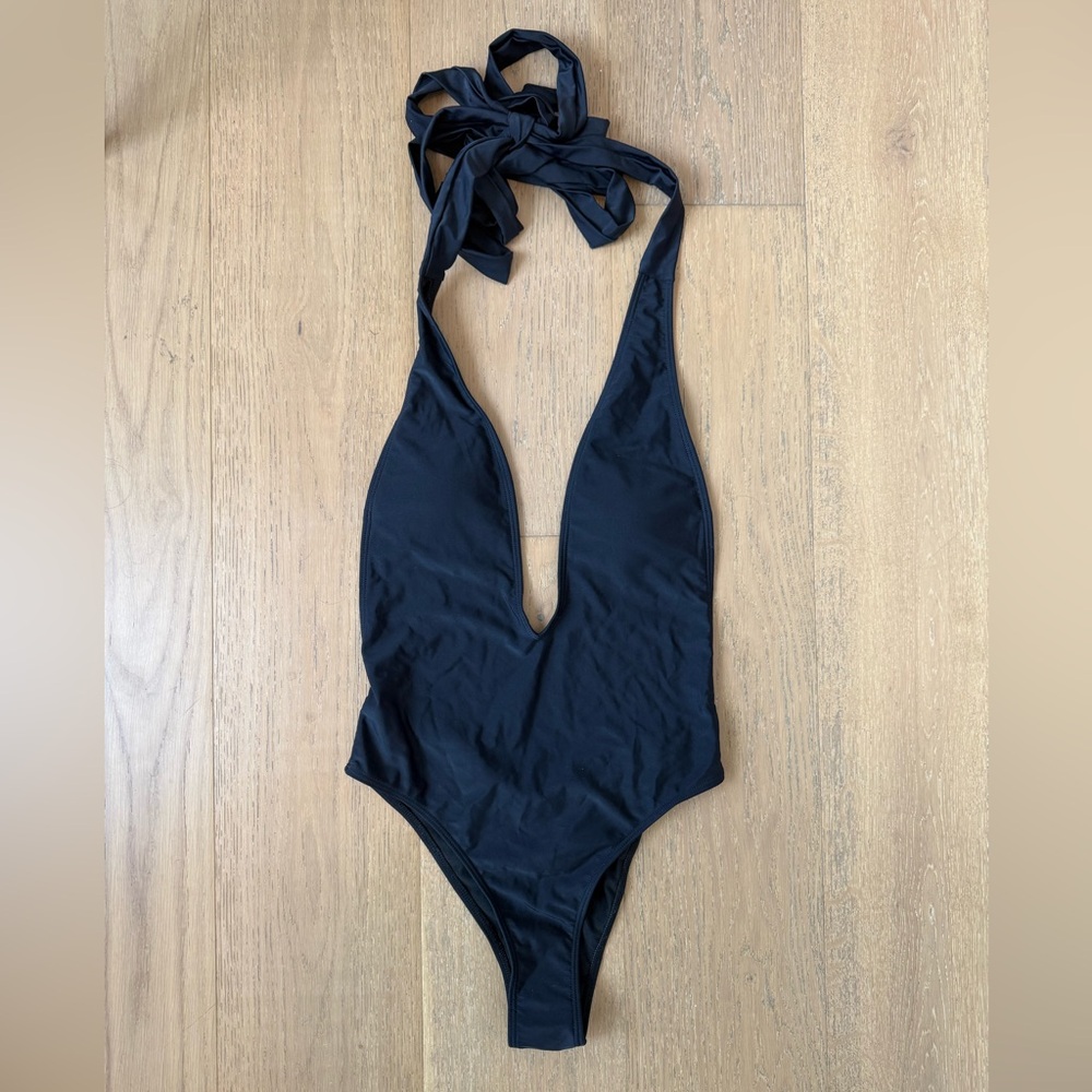 Black Halter Plunge One-Piece Swimsuit